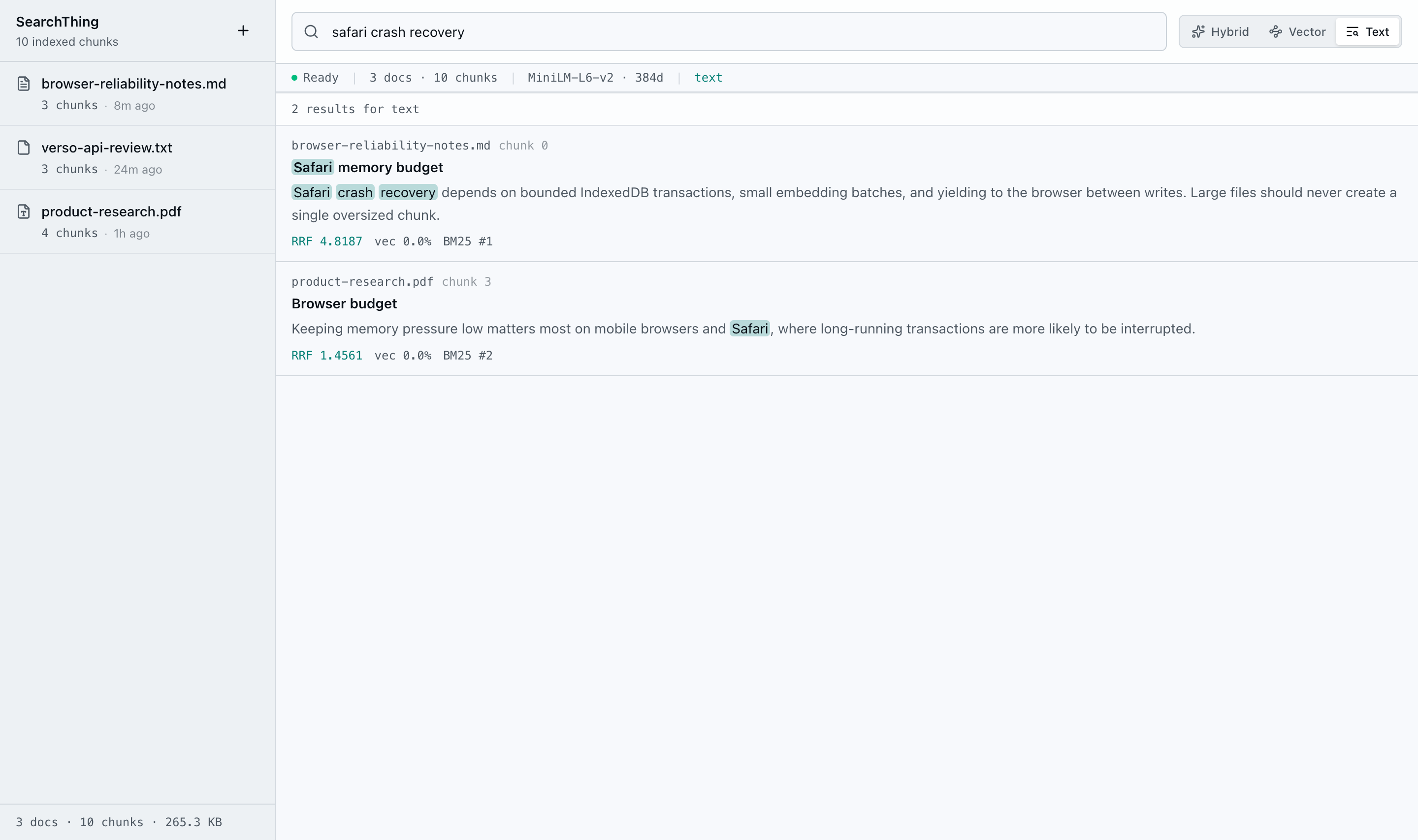The SearchThing app searching three local documents for safari crash recovery, with source passages and text rankings visible.