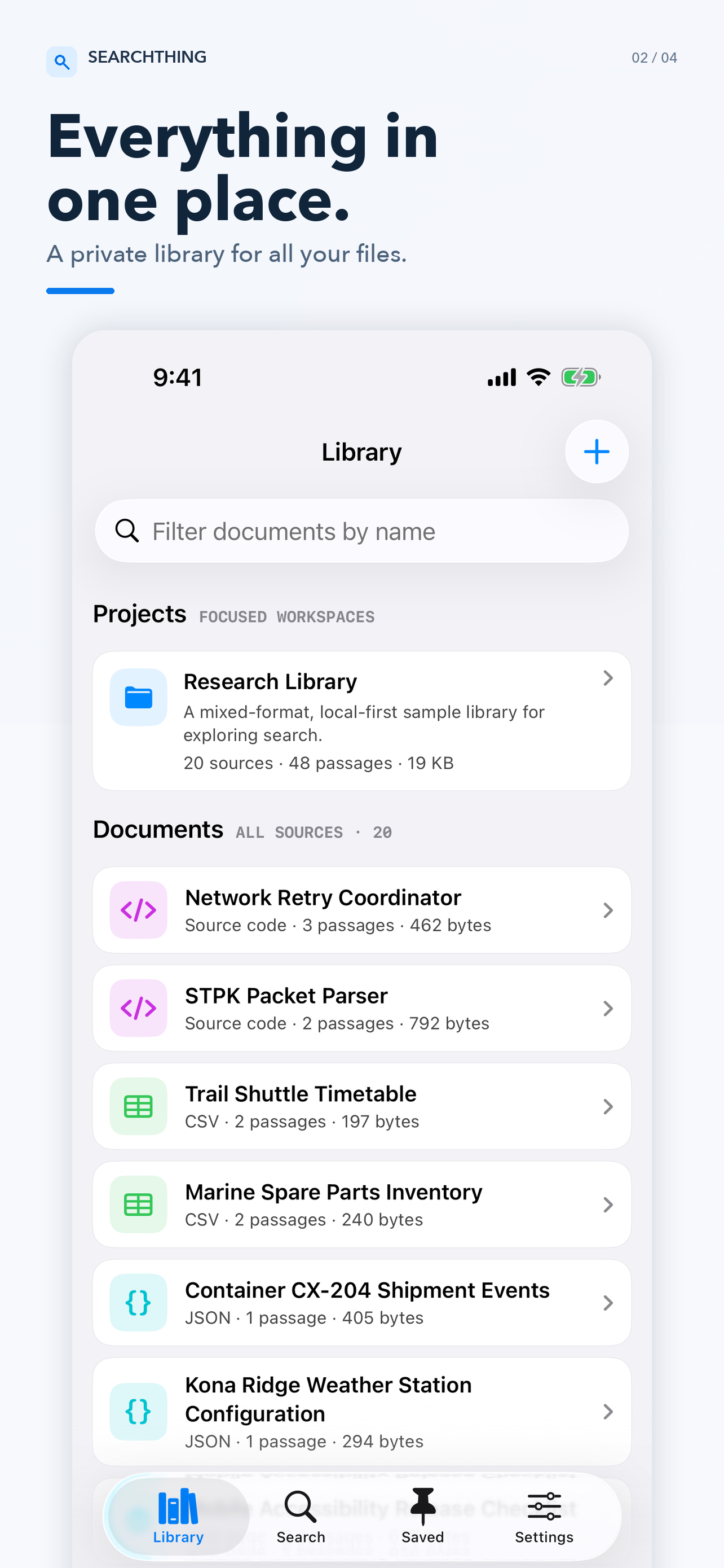 SearchThing on iPhone showing a local library of sample documents